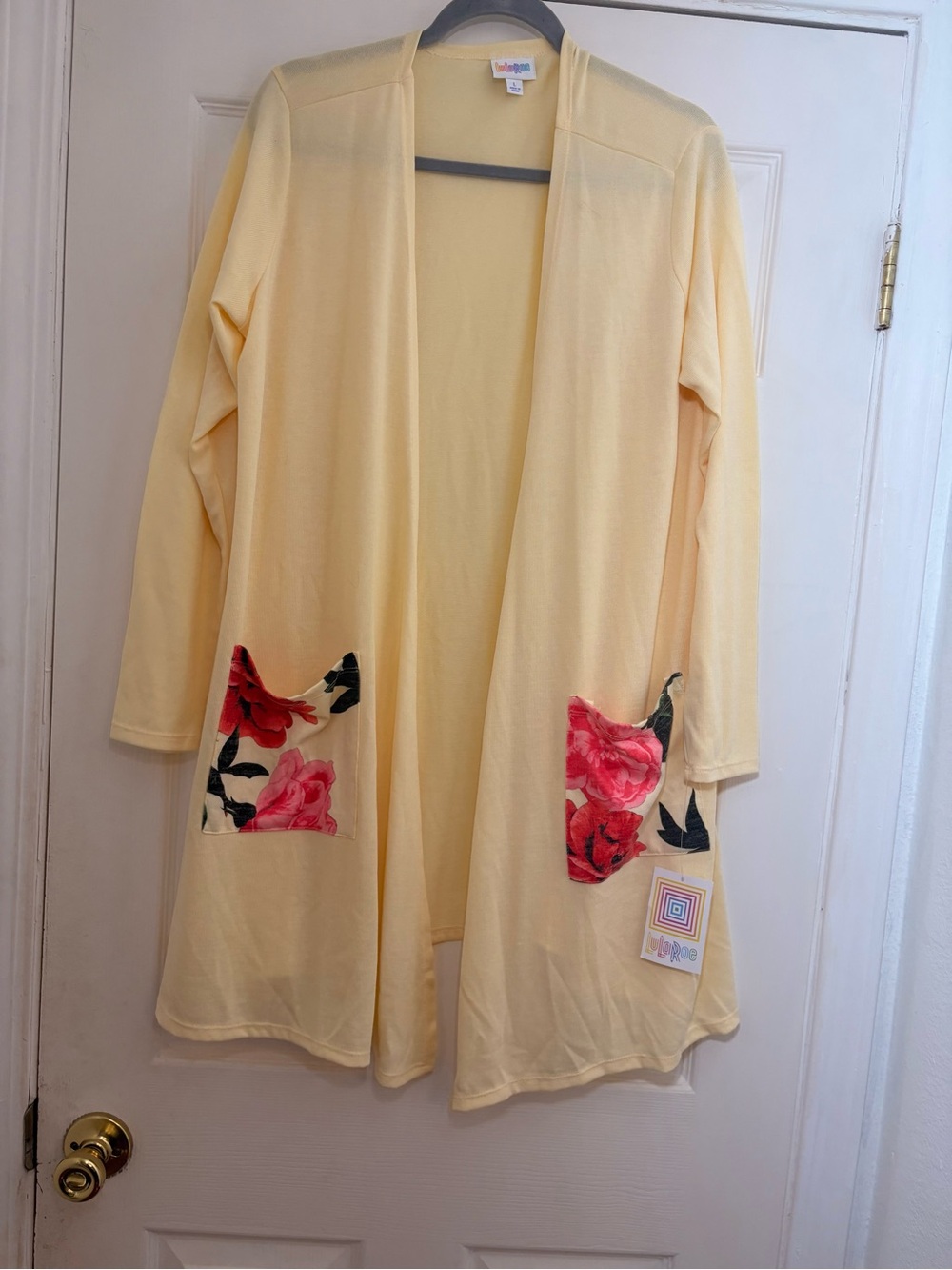 LuLaRoe Light Yellow Cardigan with Red Floral Pockets size L